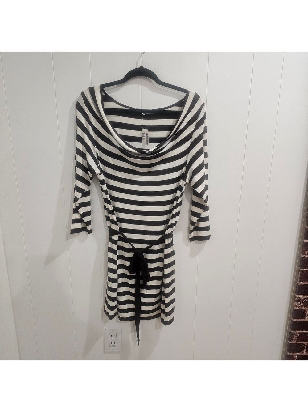 AECity Brown White Striped Cowl Neck Mini Dress Size X(12) Cottagecore Cleangirl